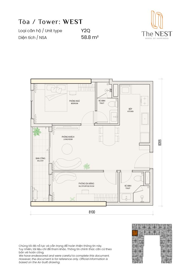 Layout thiết kế căn 1PN1 2WC tại dự án The Nest của chủ đầu tư Becamex Tokyu