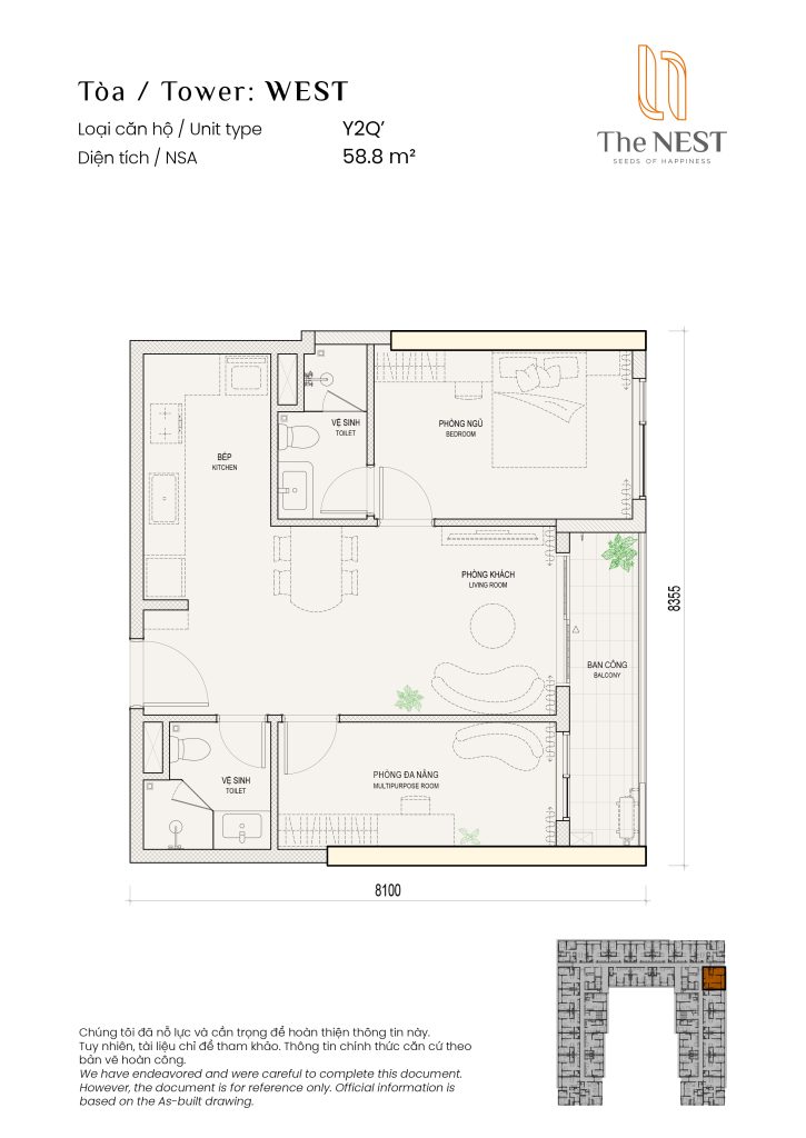 Layout thiết kế căn 1PN1 2WC tại dự án The Nest của chủ đầu tư Becamex Tokyu