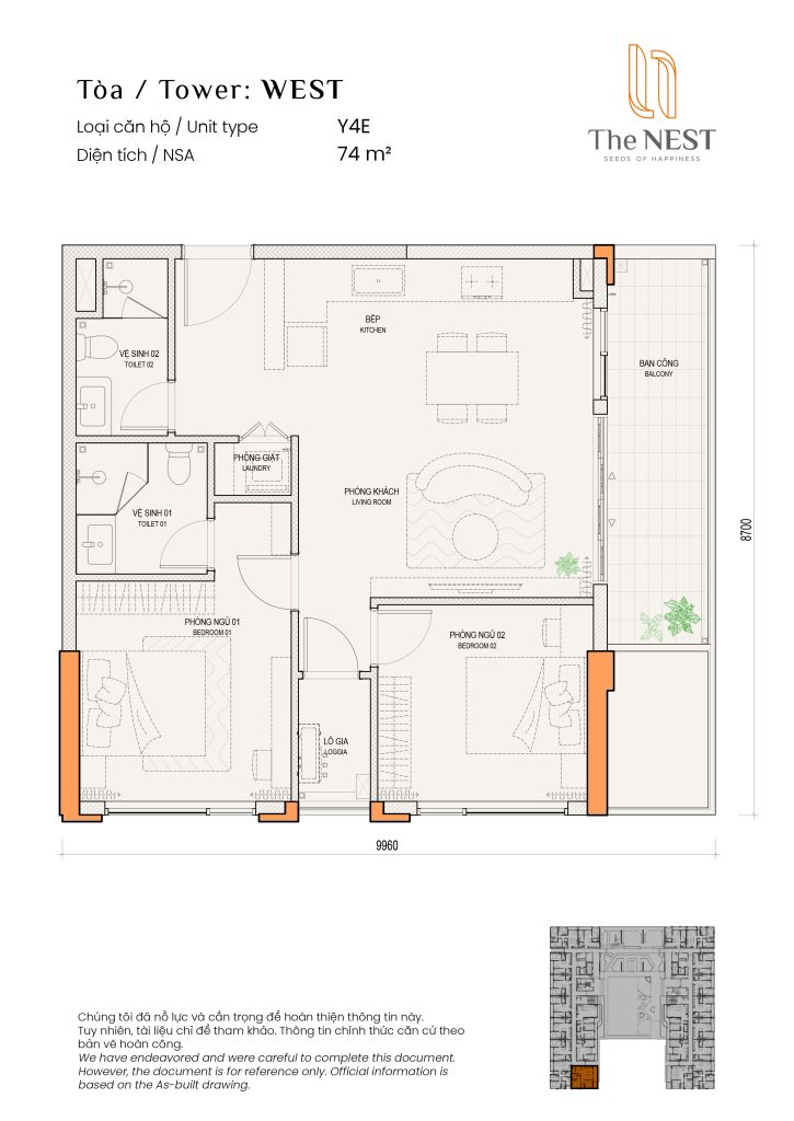 Layout thiết kế căn hộ 2PN+2WC dự án can hộ cao cấp The Nest của chú đầu tư Becamex Tokyu