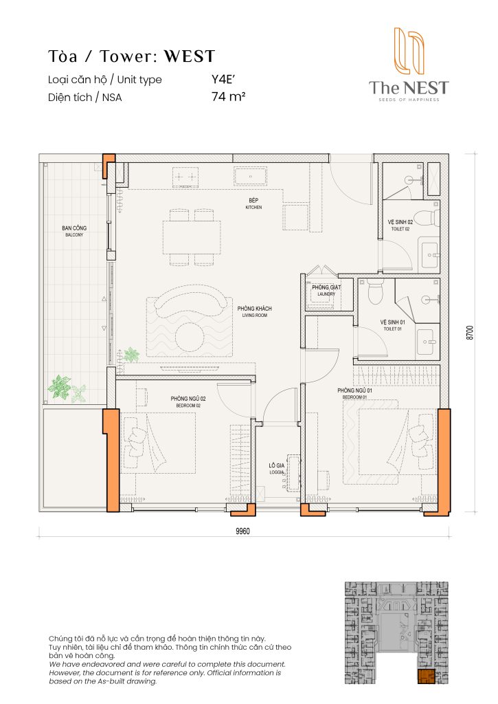 Layout thiết kế căn hộ 2PN+2WC dự án can hộ cao cấp The Nest của chú đầu tư Becamex Tokyu