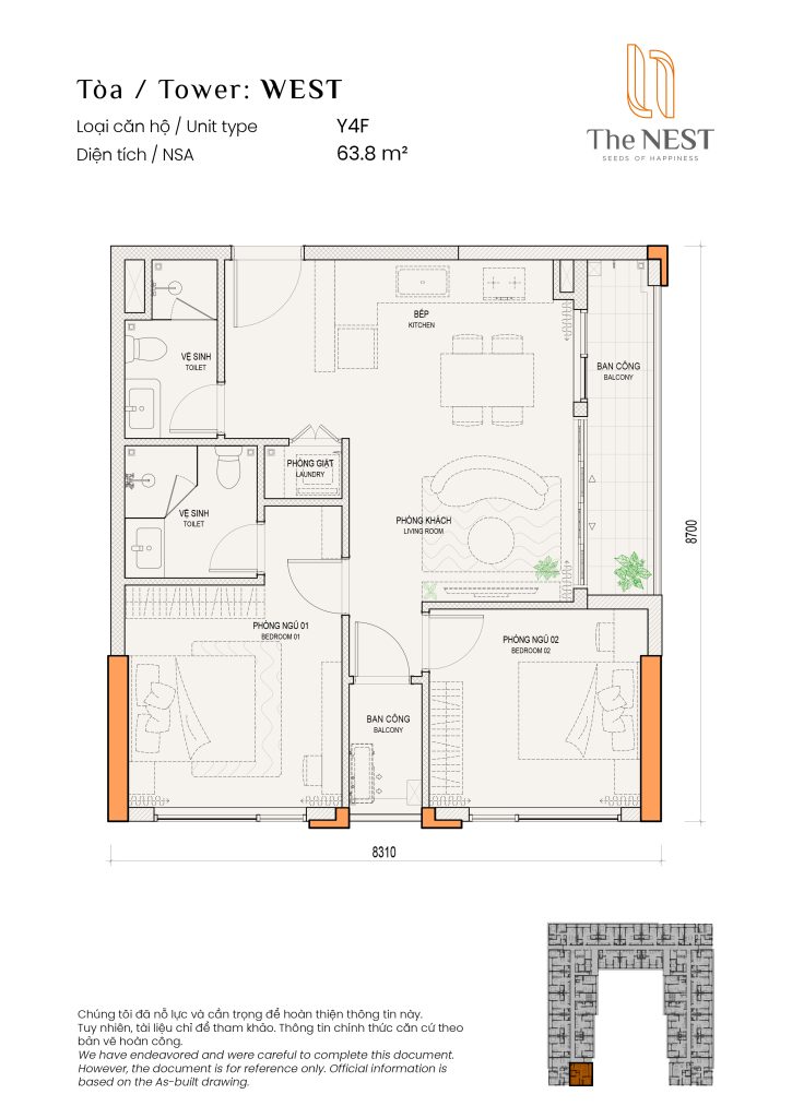 Layout thiết kế căn hộ 2PN+2WC dự án can hộ cao cấp The Nest của chú đầu tư Becamex Tokyu