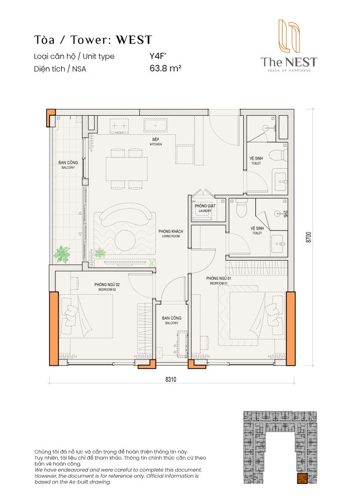 Layout thiết kế căn hộ 2PN+2WC dự án can hộ cao cấp The Nest của chú đầu tư Becamex Tokyu