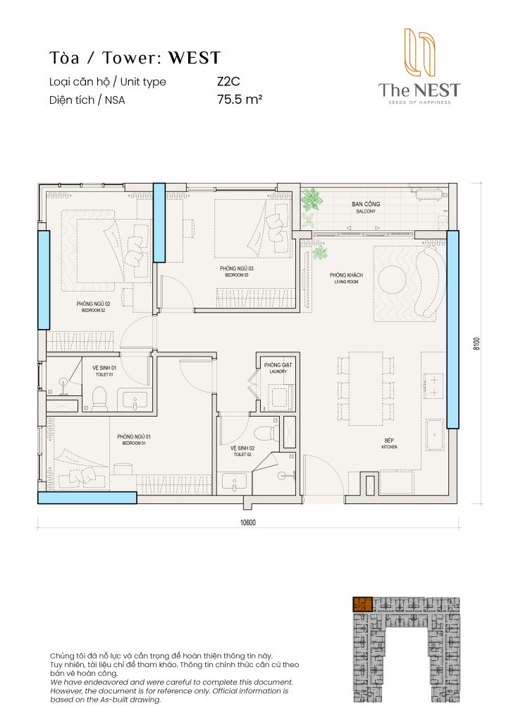 Layout thiết kế căn 3PN dự án căn hộ cao cấp the Nest