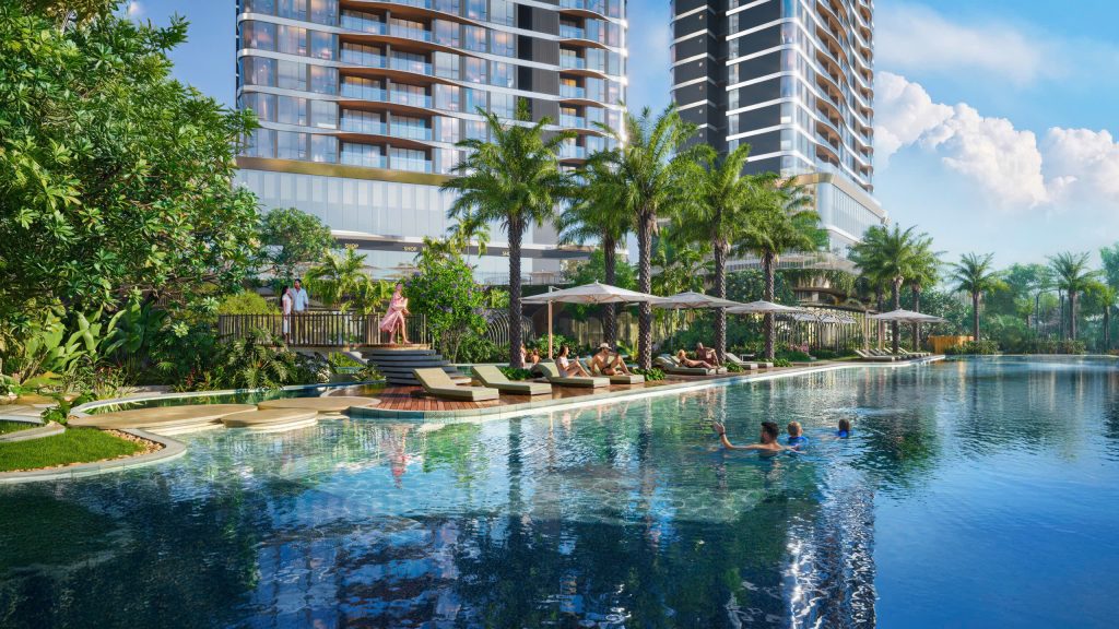 Hồ bơi phong cách Resort nghỉ dưỡng khối đế dự án Palm River - AUREAL
