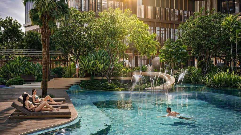 Khu hồ bơi nghỉ dưỡng tích hợp đài phun nước giải trí Palm River - AUREAL