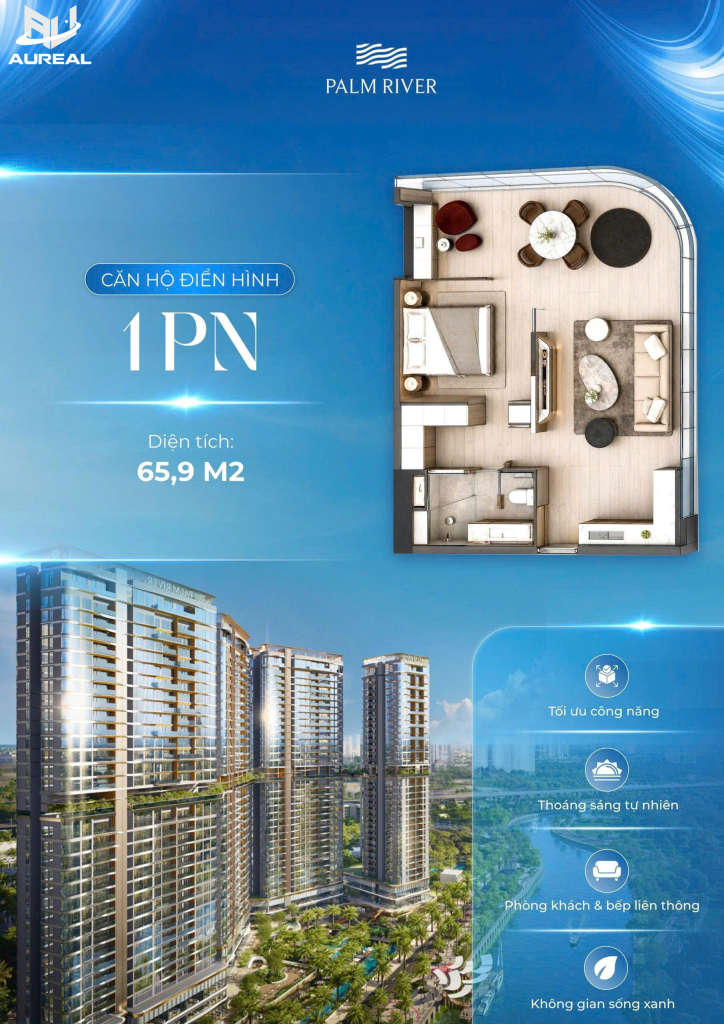 Sơ đồ thiết kế căn hộ 1 phòng ngủ 65.9m2 Palm River - AUREAL