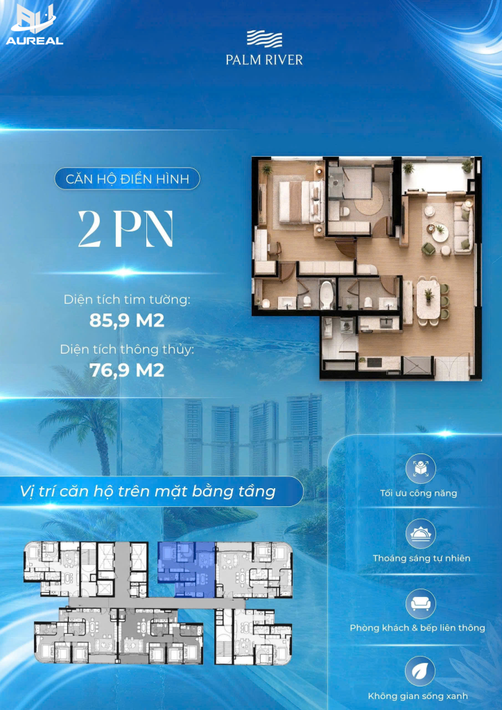 Sơ đồ thiết kế căn hộ 2 phòng ngủ điển hình 85.9m2 Palm River - AUREAL