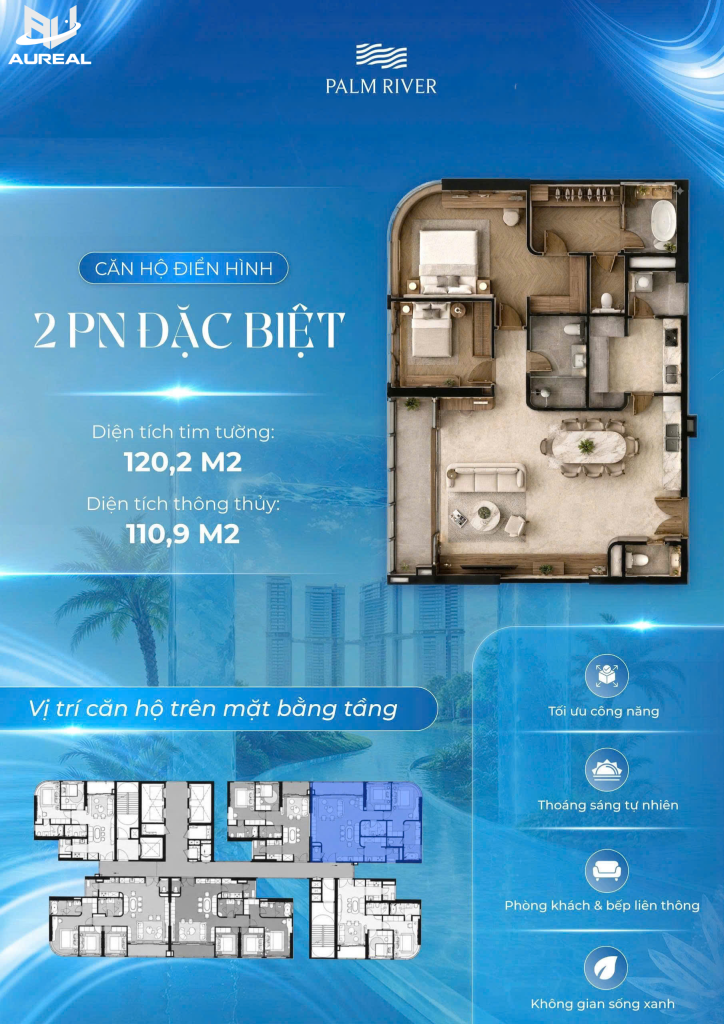Sơ đồ thiết kế căn hộ 2 phòng ngủ đặc biệt 120.2m2 Palm River - AUREAL