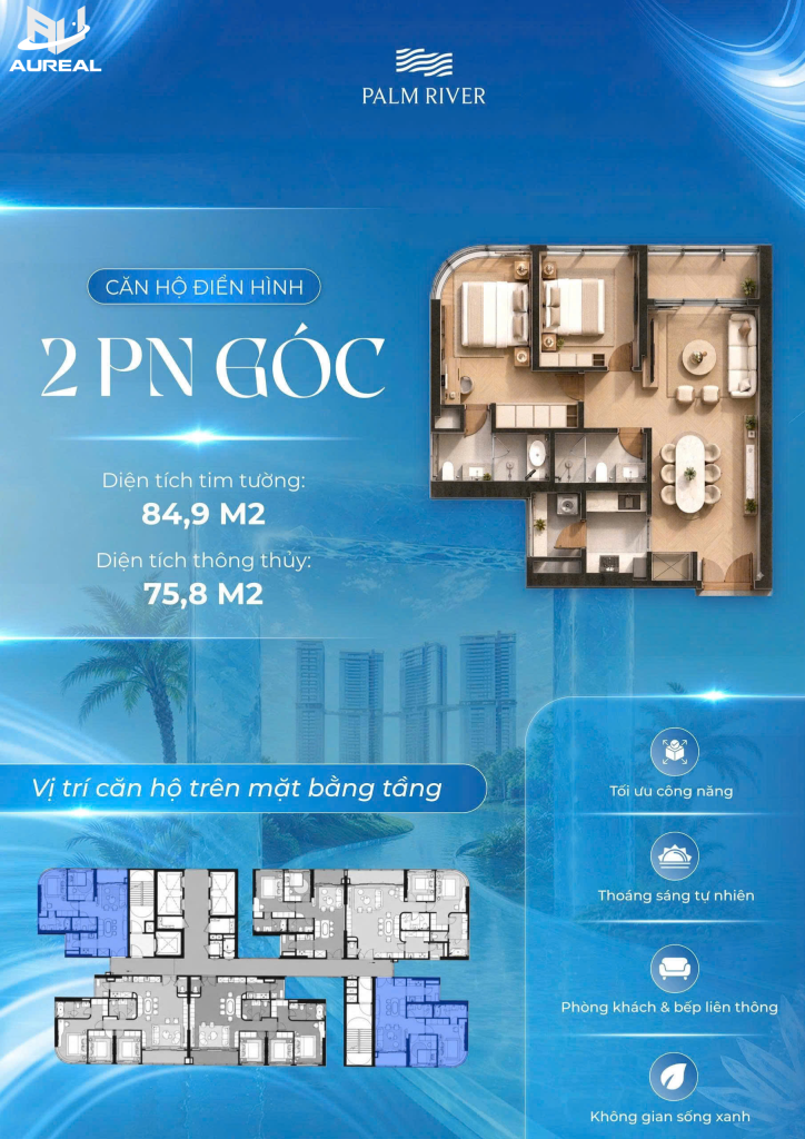 Sơ đồ thiết kế căn hộ 2 phòng ngủ góc 84.9m2 Palm River - AUREAL