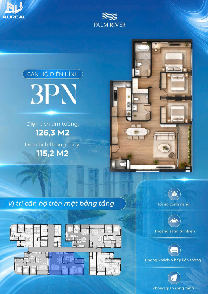 Sơ đồ thiết kế căn hộ 3 phòng ngủ 126.3m2 Palm River - AUREAL