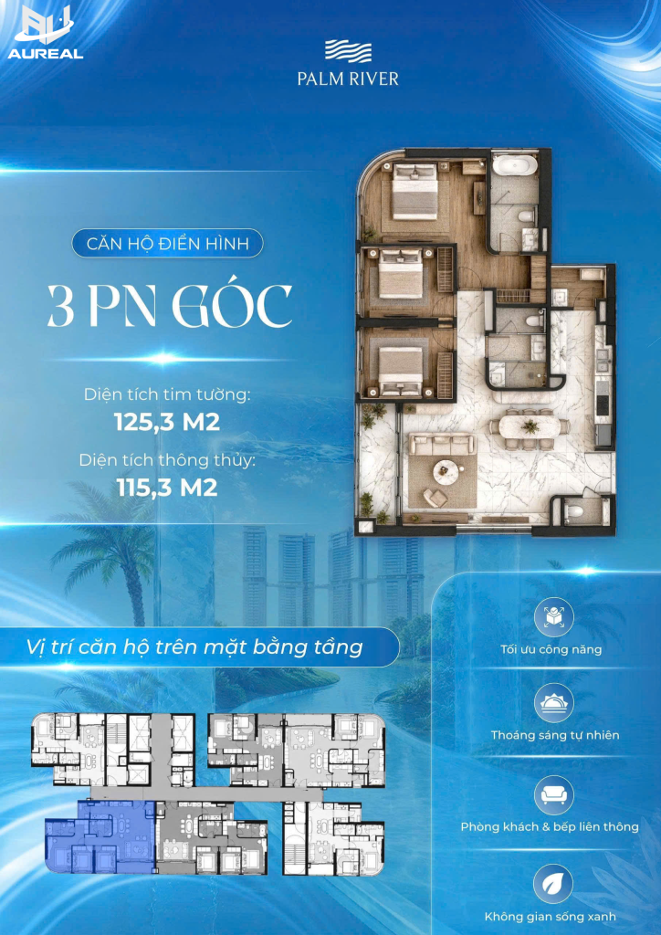 Sơ đồ thiết kế căn hộ 3 phòng ngủ góc 125.3m2 Palm River - AUREAL