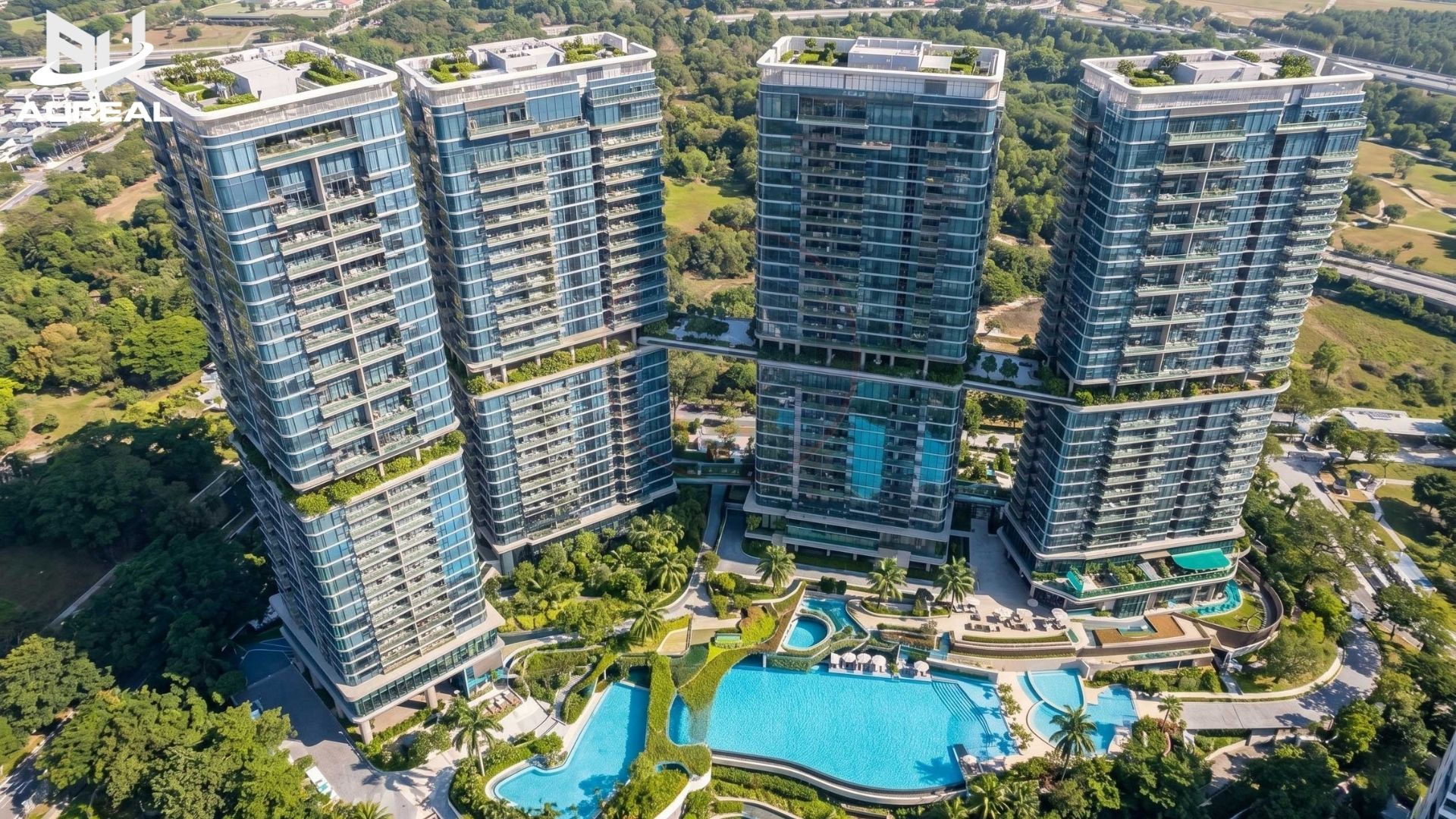 Mặt bằng tiện ích hồ bơi tràn bờ và công viên căn hộ Palm River - AUREAL