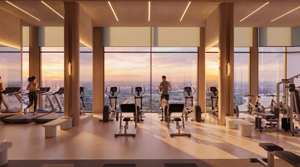 Phòng Sky Gym view trọn dòng sông và hoàng hôn tại Palm River - AUREAL
