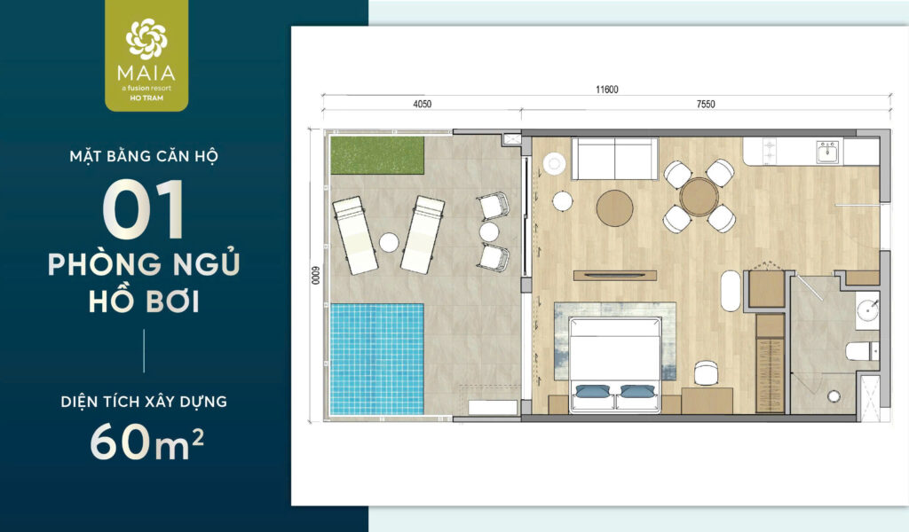 Mặt bằng Căn hộ 01 Phòng Ngủ Hồ Bơi 60m2