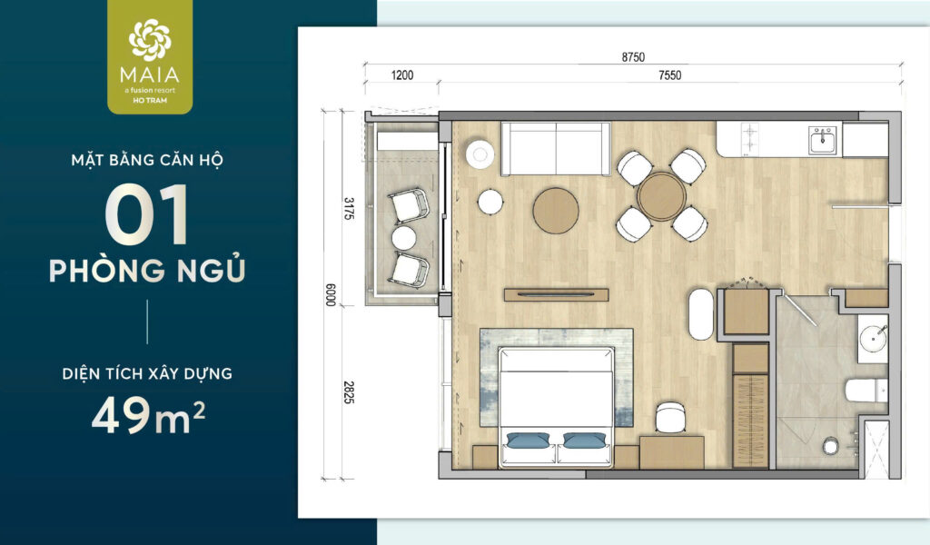 Mặt bằng Căn hộ 01 Phòng Ngủ 49m2