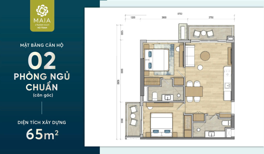 Mặt bằng Căn hộ 02 Phòng Ngủ Chuẩn 65m2