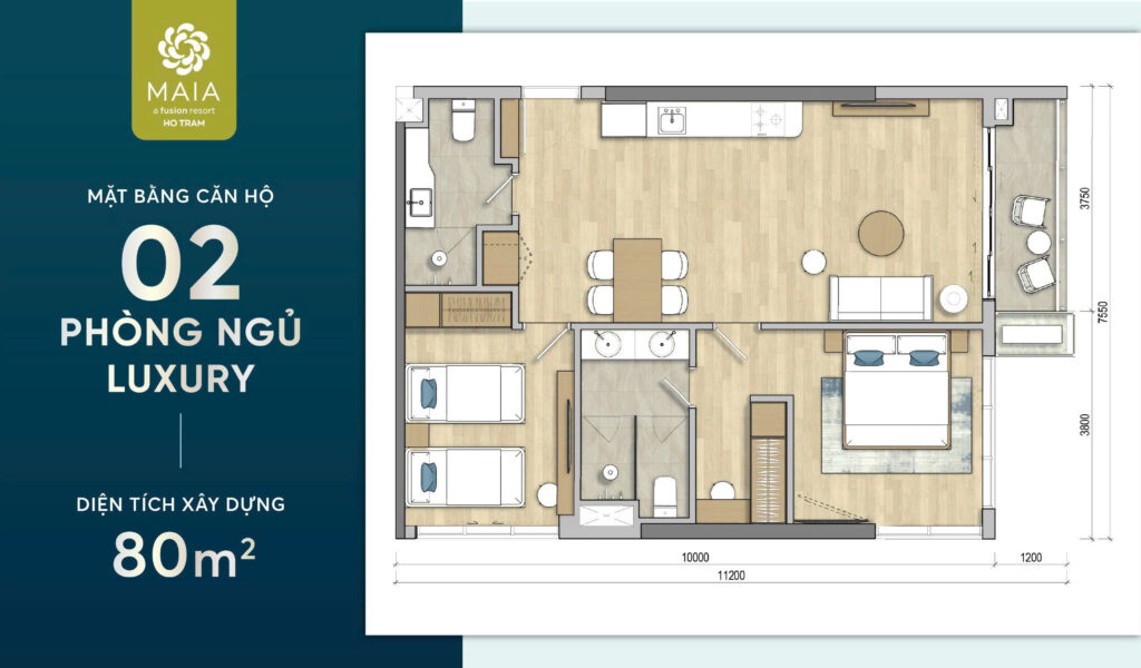 Mặt bằng Căn hộ 02 Phòng Ngủ Luxury 80m2